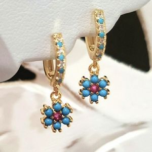 18KT GOLD/925 STERLING SILVER TURQUOISE CRYSTAL CZ FLOWER DANGLE HUGGIE HOOPS